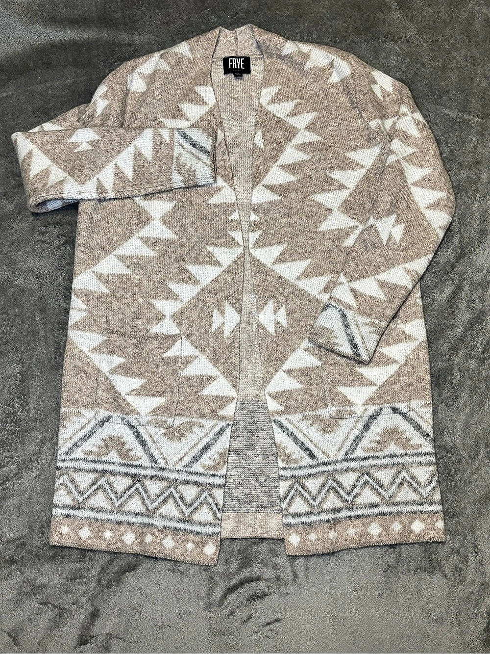 FRYE Southwestern Geometric Open Front Cardigan Oatmeal Cream Gray Medium